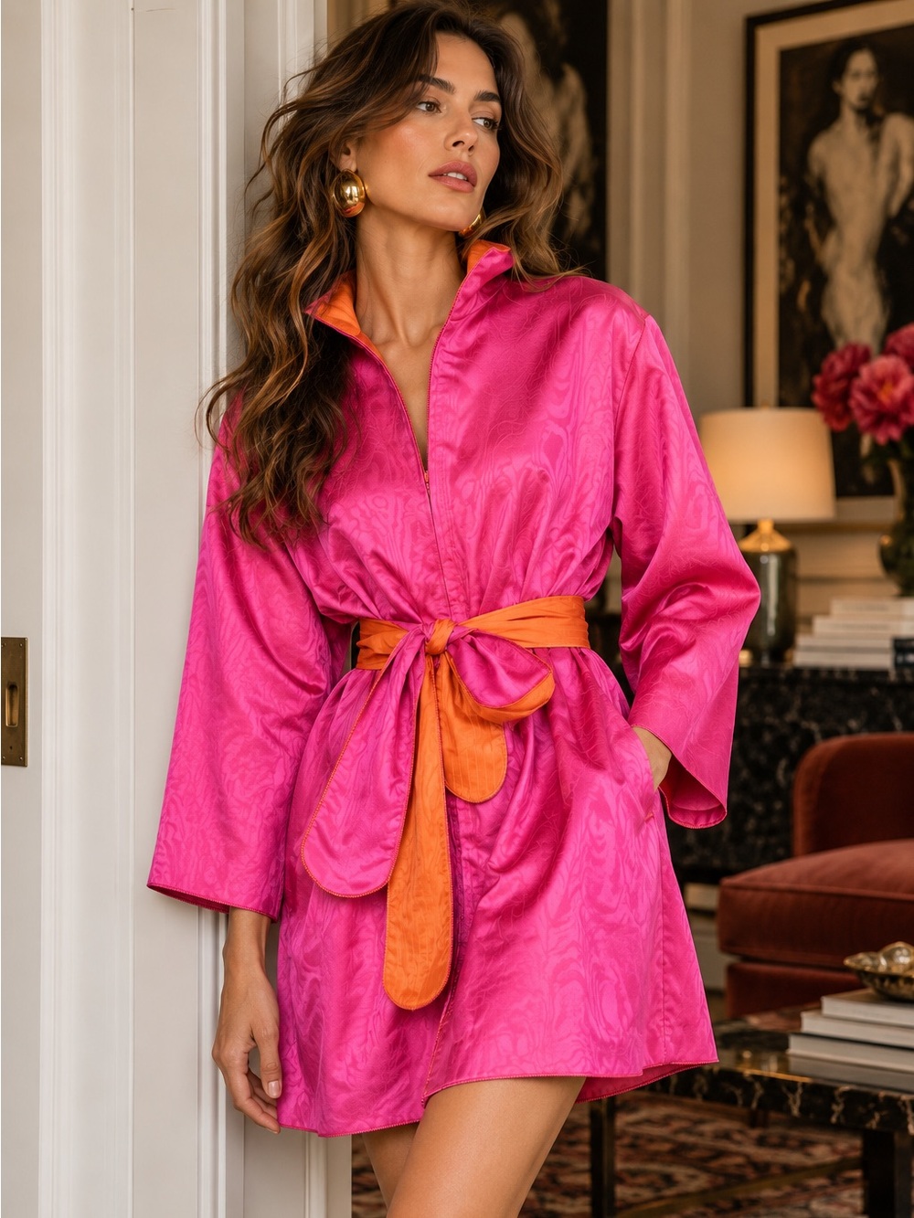 Vintage Pink Orange Satin Colorblock Robe Mini Dress Fernando Sanchez Petite